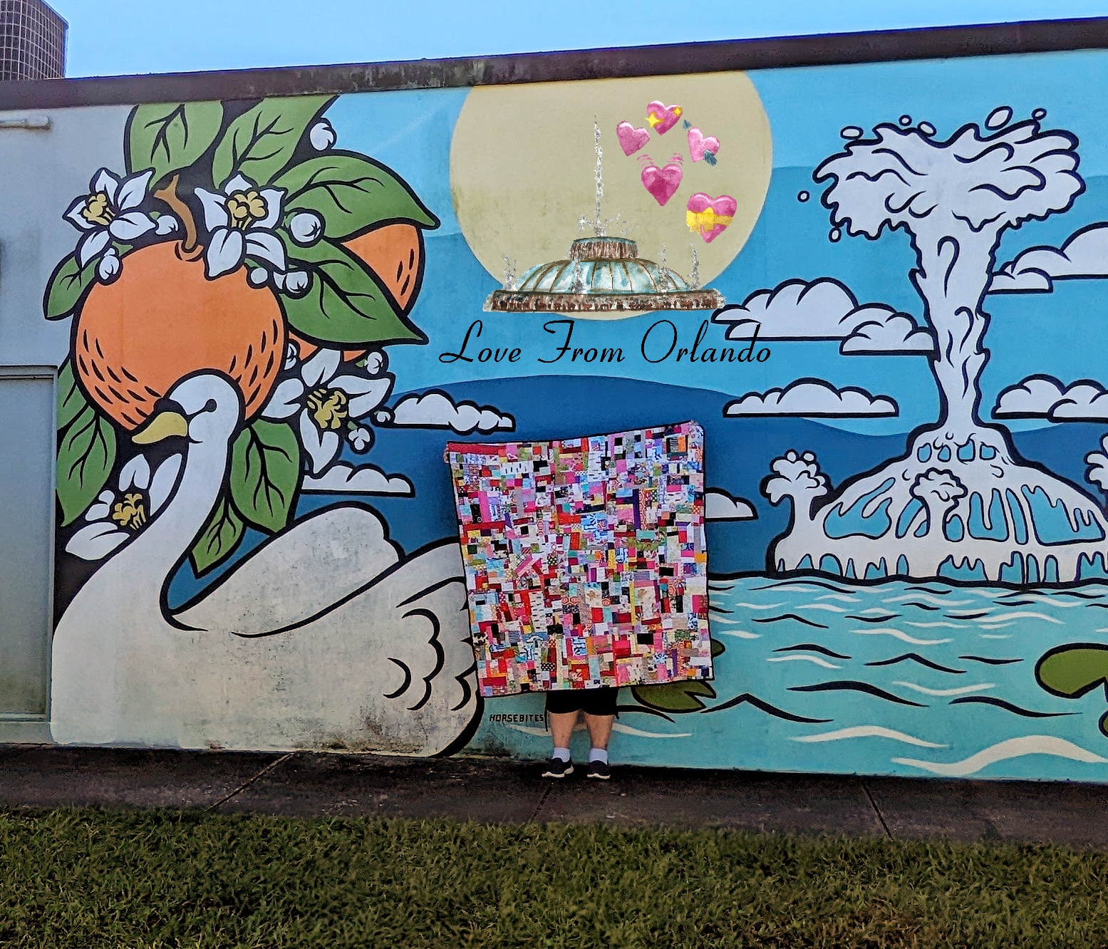 crumb quilt pictured in front of an Orlando mural.