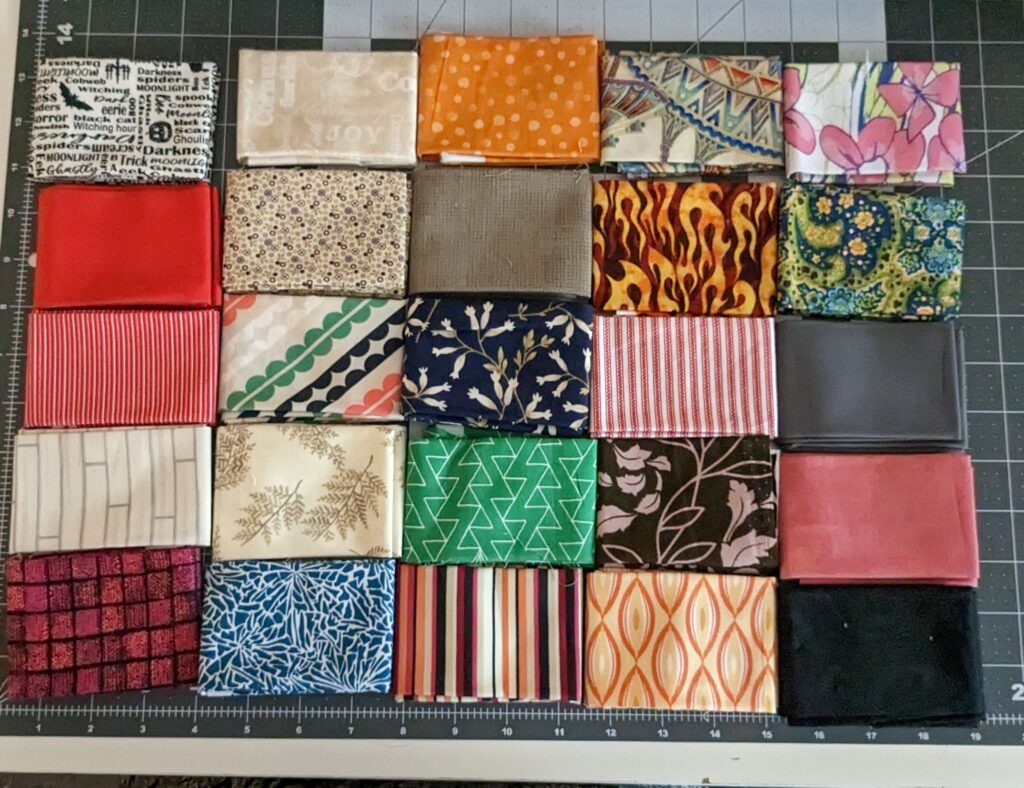 Fun fat eighth prints for the bookcase quilt.